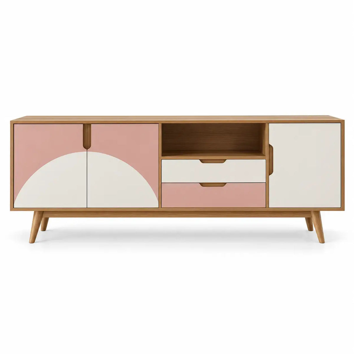 Skänk med geometriskt färgdelade fronter – rosa/vit/brun